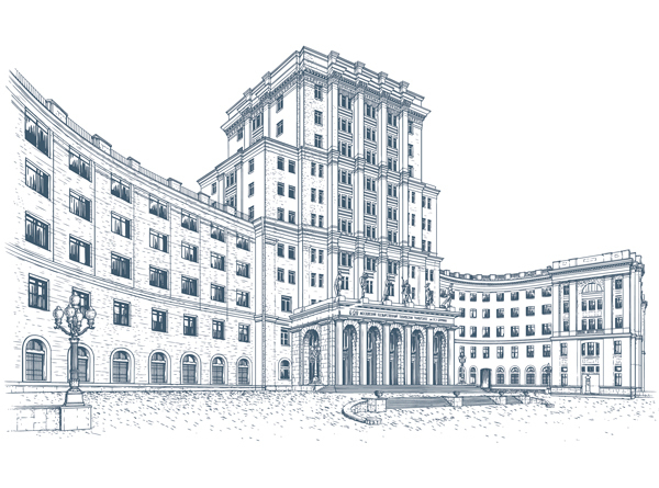 Здание в стиле гравюры. Вектор.