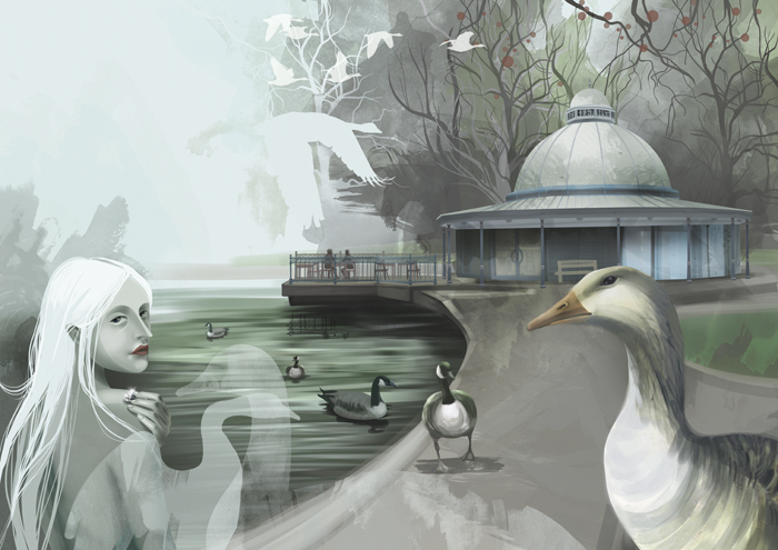 Girl and the geese. Victoria park pavilion.