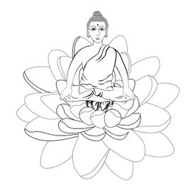 Buddha sitting in  lotus  flower Indian meditation open eyes coloring.  vector illustration