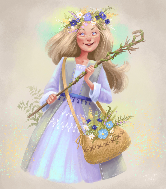Дева, собирательница цветов с посохом. В дань уходящему лету.