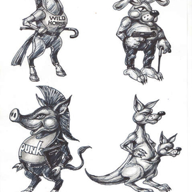 WHO IS WHO IN THE ZOO . Дикая лошадь - born to be wild . Заяц - старый хулиган . Кабан - старый панк . Кенгуру - Привет ! Мы из Австралии .