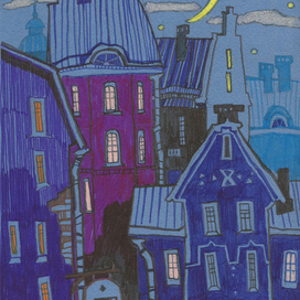 Городской  ночной пейзаж - композиция фломастерами и мелками.