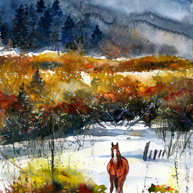 Зимняя прогулка. Акварель, смешанная техника Winter horse. Fox. Mixed-media  8x12 inches - 21x30 cm