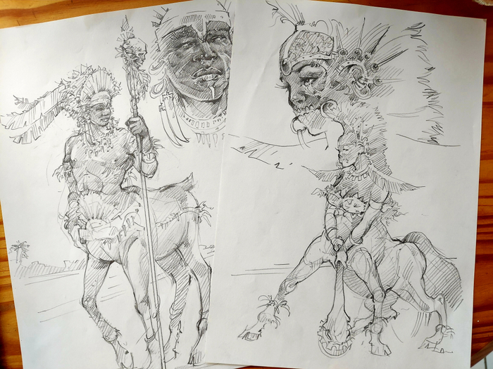 Набросок. Воображаемые кентавры Африки)