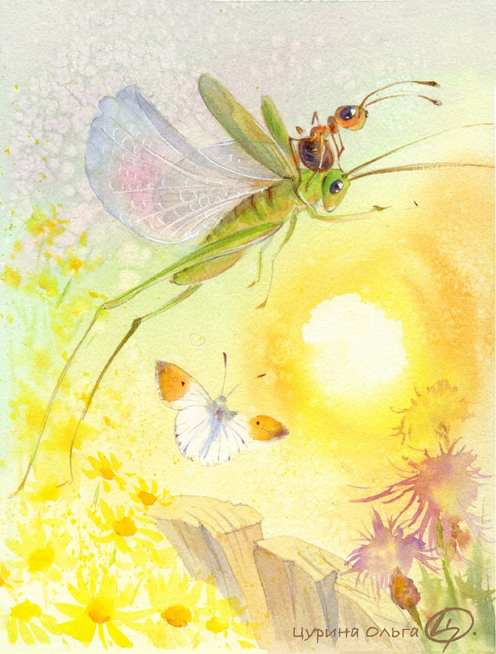 Муравьишка на кузнечике летит