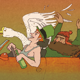 Пьяный мужчина, БОМЖ и гусь