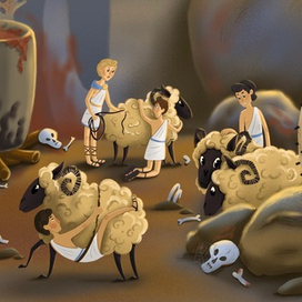 Одиссей с командой пытается выбраться из пещеры Полифема