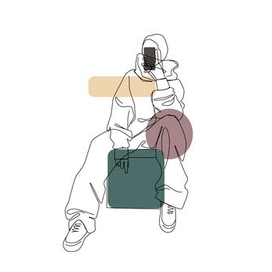 Линейный рисунок. Девушка в спортивном костюме делает селфи в зеркале