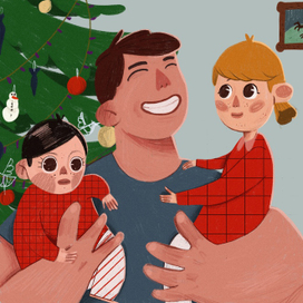 Отец с детьми на рождество