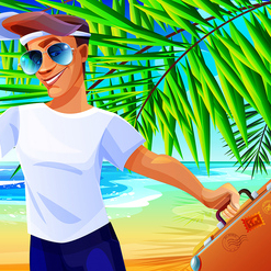 Концепция морских путешествий и пляжного отдыха. Турист с чемоданом в руке на фоне лайнера и морского пейзажа в мультяшном стиле.