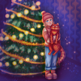 Девушка и кот у ёлки 