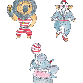 Акварельные персонажи на тему цирка в детскую книгу