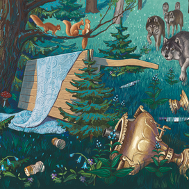 Стол, самовар, ножи, солонка и перечница упали в овраг.