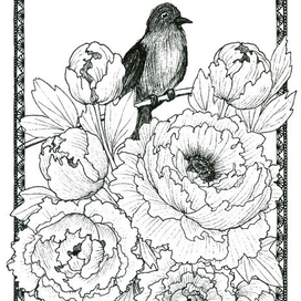 Птица в пионах