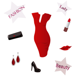 Красное модное платье с аксессуарами