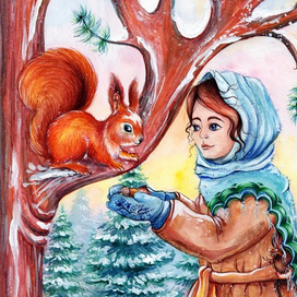 Девочка в лесу кормит белочку. 