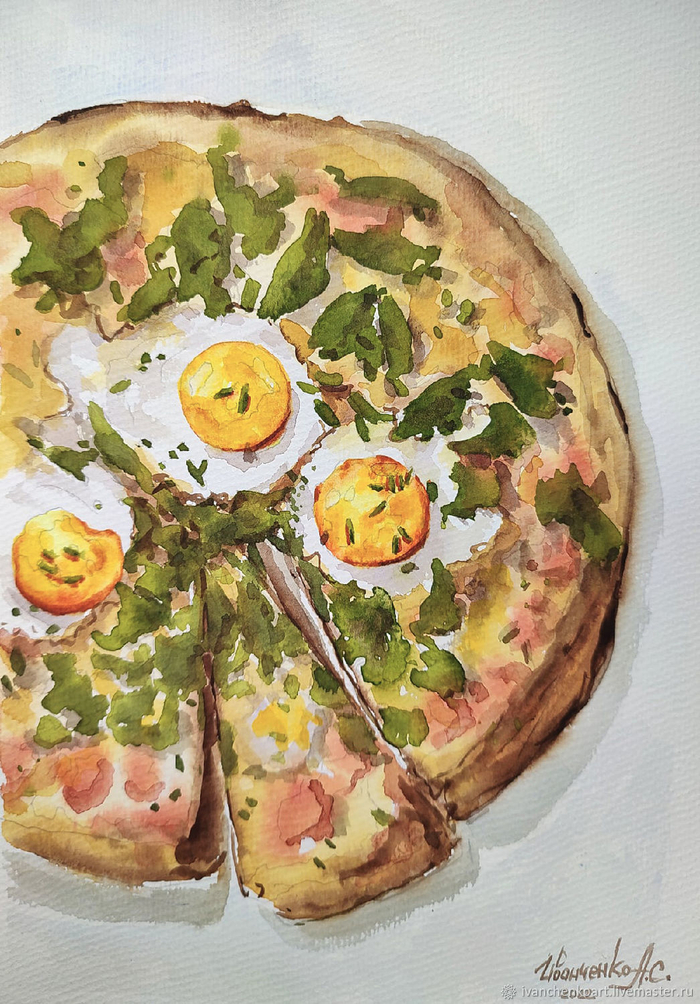 Пицца. Руккола, яичница и бекон