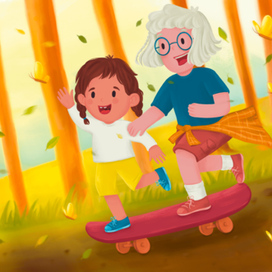 Внучка с бабушкой на скейте.  Иллюстрация для детской книги.