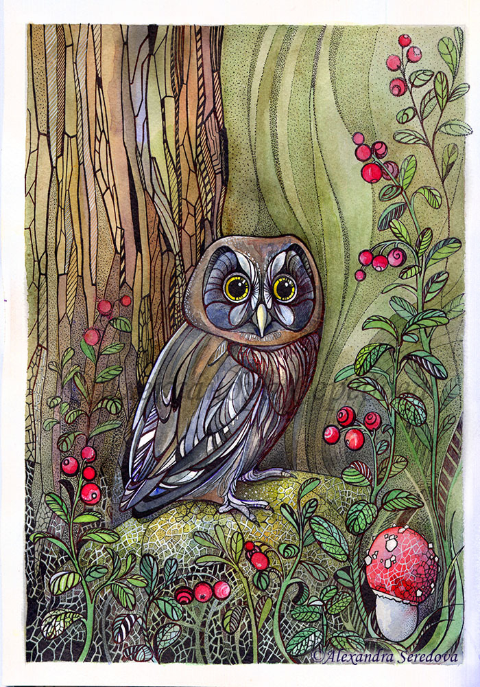 Совушки. Сычик в бруснике.