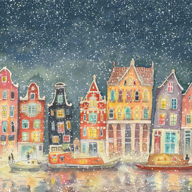 Снежный Амстердам, ночной город, жикле, акварель.