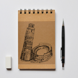Концептуальная графическая илюстрация в виде буквы античный Колизей, Пизанская башня материал черноя гелевая ручка
