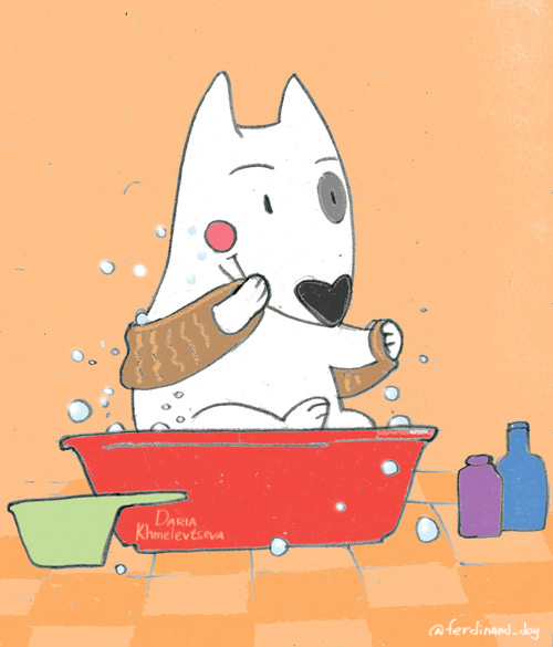 Купание бультерьера в красном тазу