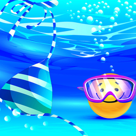 Концепция морских путешествий и пляжного отдыха. Антропоморфный смайлик с бикини под водой в мультяшном стиле.