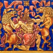 Триптих" Бой с дикими львами". 130х420 см, акрил, холст. 2016 г.