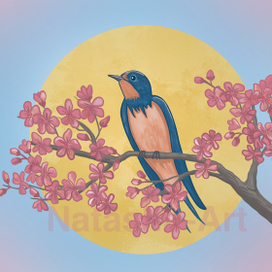 Ласточка на цветущей ветке