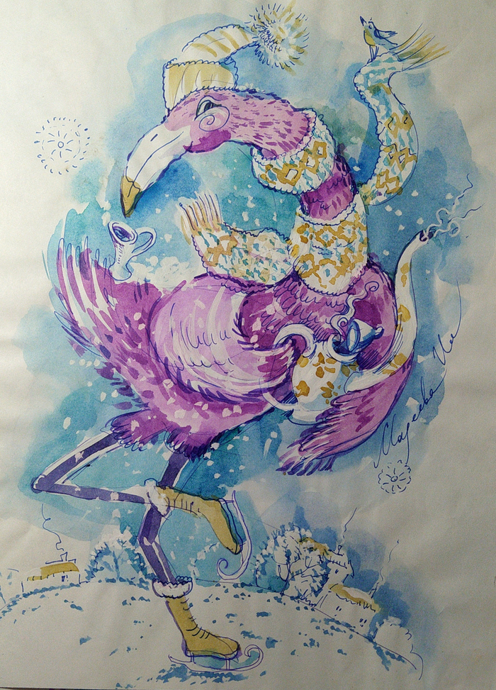 "Фламинго в январе". Графическая серия для зимних открыток