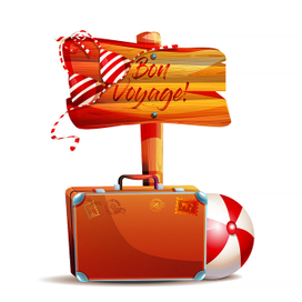 Концепция морских путешествий и пляжного отдыха. Деревянный знак, верхняя часть бикини и пляжный мяч в мультяшном стиле.