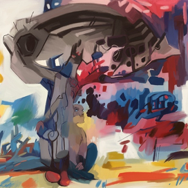 Человек далекого будущего, сидит под тенью большого робота, на фоне странного пейзажа и непонятных вещей.