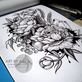 Эскиз тату. Цветы, пионы. Tattoo flash. Dotwork. Peony