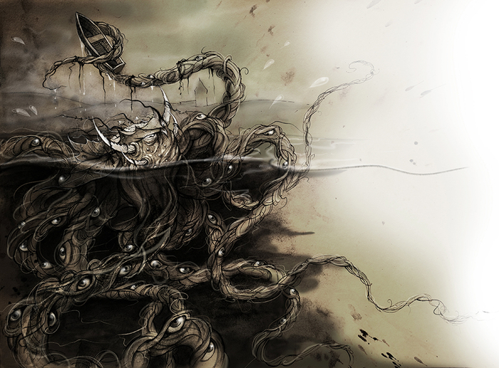 Монстр-осьминог. Иллюстрация к книге "Archibald Finch and the lost witches"