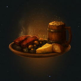 Иллюстрация тарелки с едой и элем для средневековой таверны