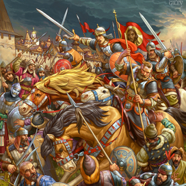 Иллюстрация к былине "Алеша Попович".  "Бой".