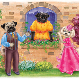 Мопс Эрик и болонка Луиза в саду около окна черной мопсихи Зефирки