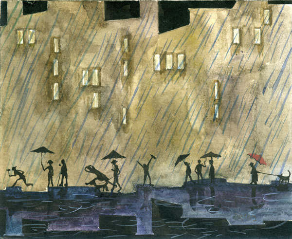 Люди под дождём.