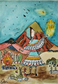 Маленькая шаманка играет с огнеными птицами