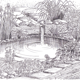 Видовой рисунок для ландшафтного проекта с перепадами рельефа