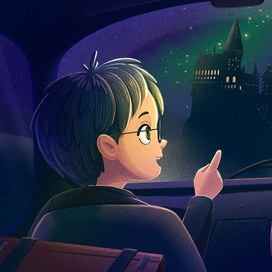 Гарри и Рон в машине на пути в Хогвартс