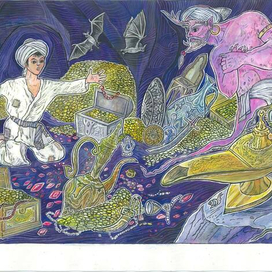 "Волшебная лампа Аладдина" -иллюстрация к сказке.Для центрального разворота журнала"Миша".Рубрика-"Галерея Миши."