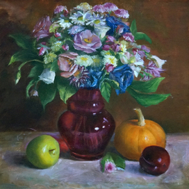 Натюрморт с цветами,фруктами и тыквой