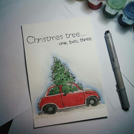 новогодняя открытка - елку везут домой