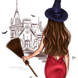a witch girl with a broom stands with her back near the castle 