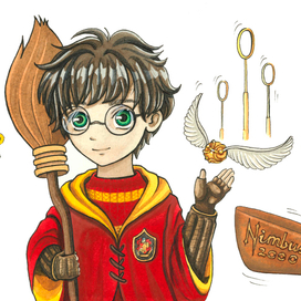 Иллюстрация с Гарри Поттером в форме для игры в квиддич. 