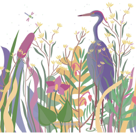 Водная птица среди цветов.