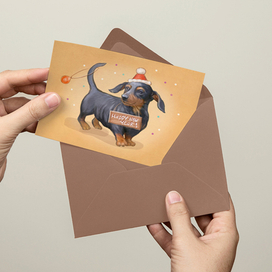 Новогодняя открытка с таксой и конверт. Цифровая живопись