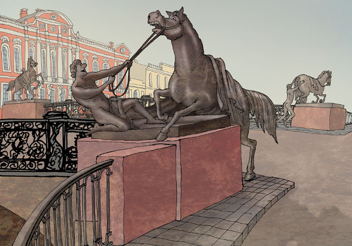 1850 год. Кони Клодта на Аничковом мосту