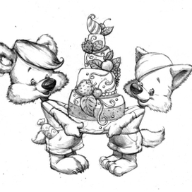 мишка и волчёнок с тортом